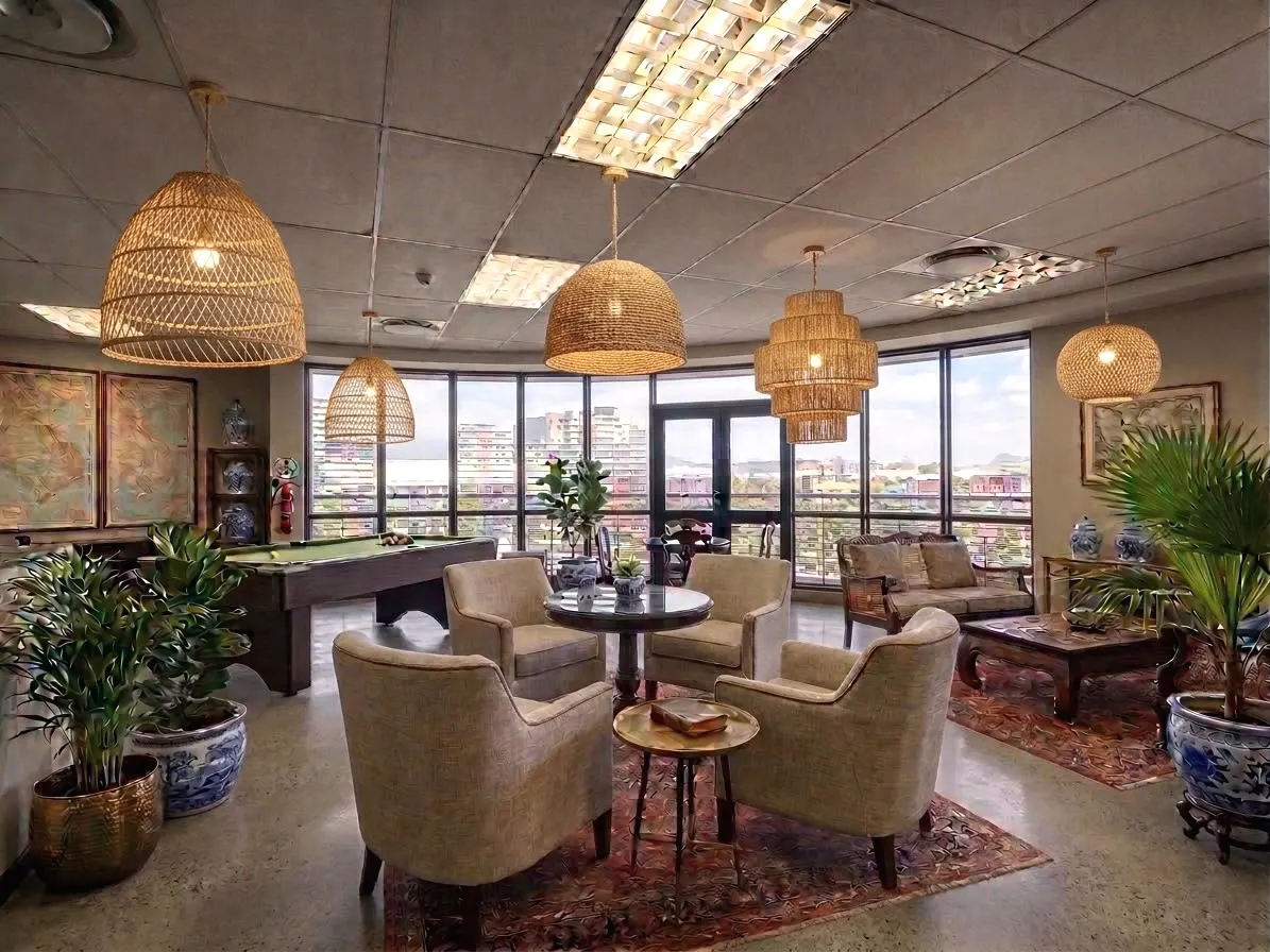 The members' lounge, the billiard table and the city beyond