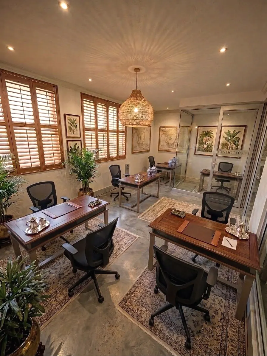 The Pioneer, a private office suite, shutters and lamplight